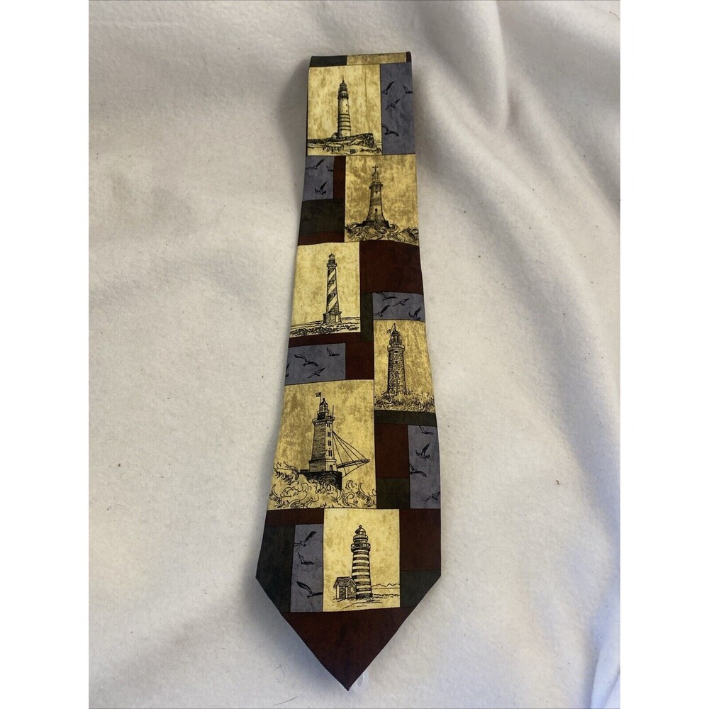 Lighthouse nautical silk tie Men Colorblock Seagull Boats lake Eagle Wings Beach
